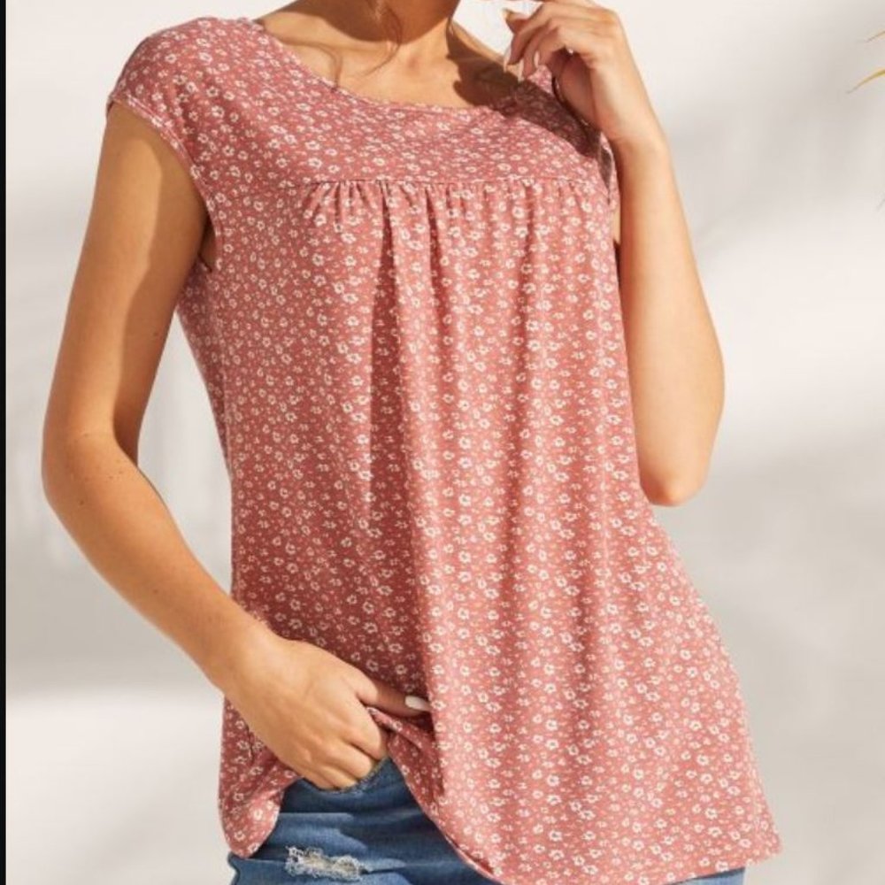 Simple by Suzanne Betro | Rose & White Floral Boatneck Cap-Sleeve Top